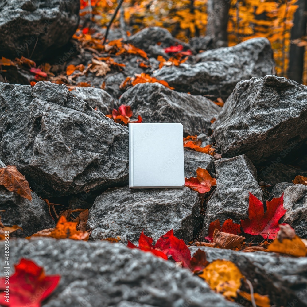 Poster white square block on rocks with fall leaves scattered around