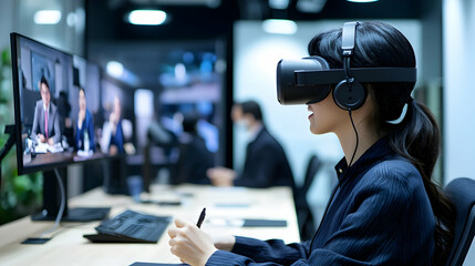 Woman Using VR Headset In Virtual Business Meeting