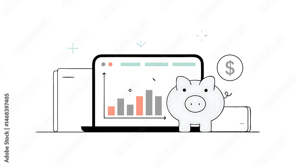 Poster pink smiling piggy bank on laptop displaying online financial chart and graph using as online stock 