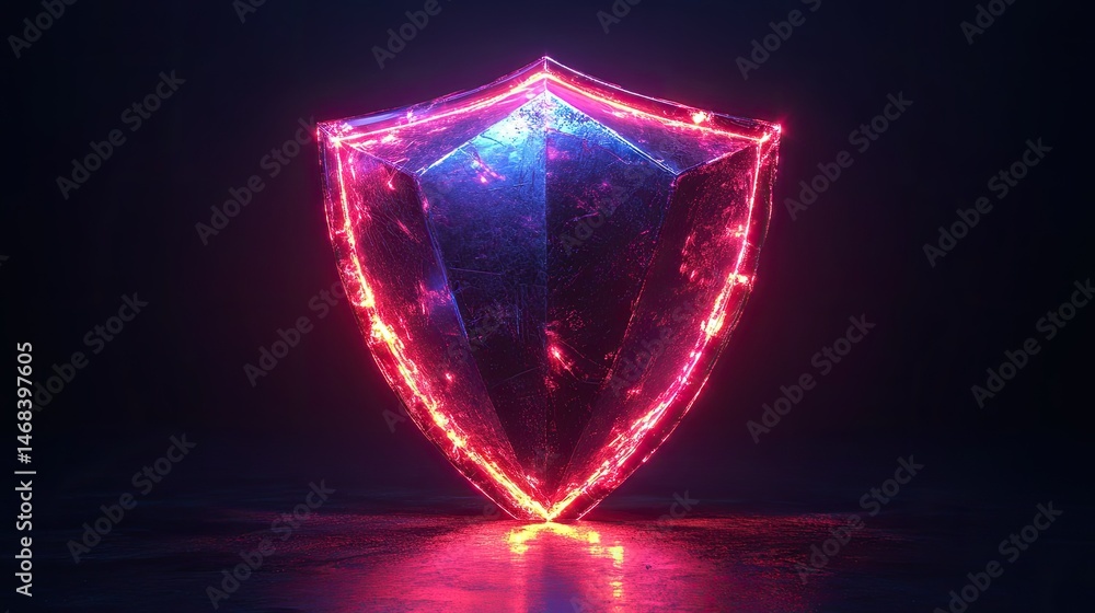 Poster glowing red neon shield on a dark reflective background with space for copy for cybersecurity blogs,