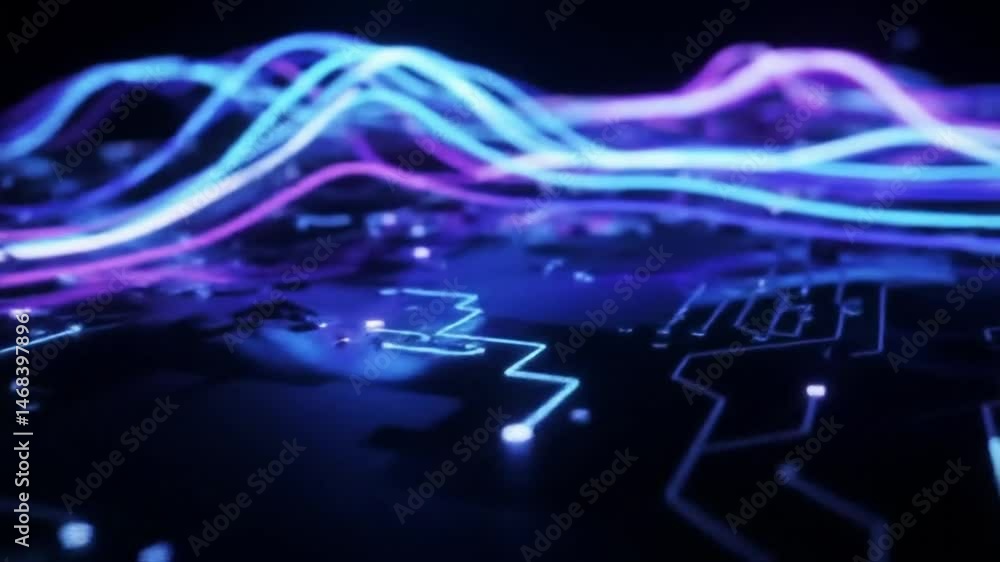 Aufkleber abstract neon waves flowing over circuit board