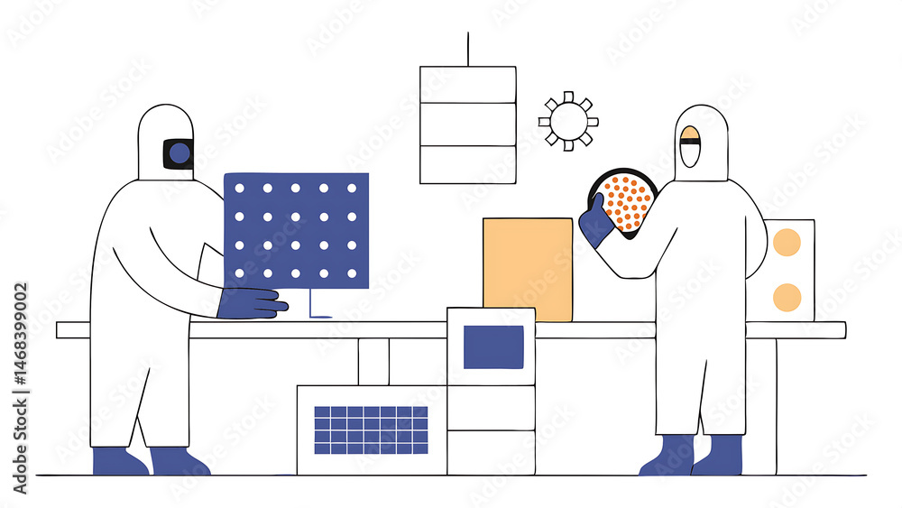 Poster semiconductor production process at electronics factory: two scientists in sterile suits taking out 
