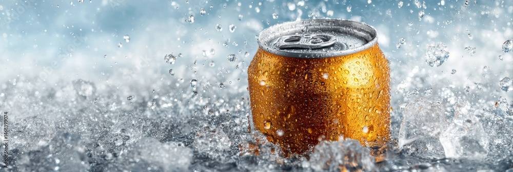 Poster canned drink surrounded by ice and water droplets creating a refreshing vibe on a warm day generativ