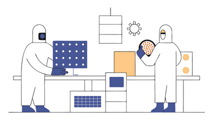 semiconductor production process at electronics factory: two scientists in sterile suits taking out silicon wafer from soldering jet printer and checking it engineers creating hardware for  76378676 1