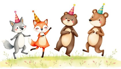 Fototapeta premium A whimsical, watercolor illustration featuring a group of cute forest animals