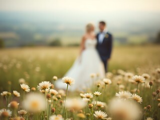 Fototapeta premium a couple wedding outdoor . blurry beauty flower land scape with defocused effect.