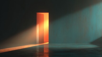 Mysterious orange light illuminates open doorway in dark room abstract interior design scene 3d ray