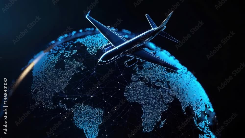Poster airplane flying above digital globe while connected with network lines creating global travel concep