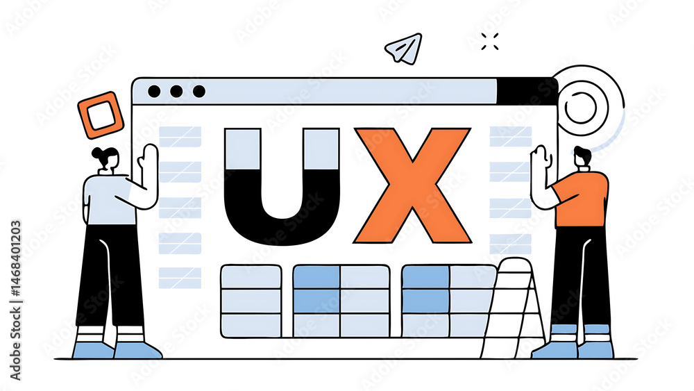 Poster ux user experience development and design concept miniature people workers team building the colorfu