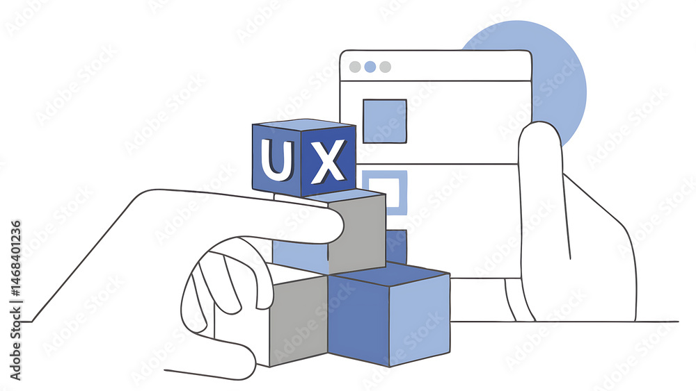 Poster ux development user experience design concept hand building cube wooden block with alphabet u and x 