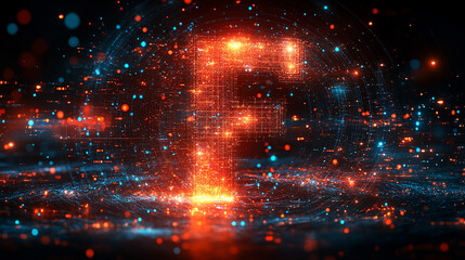 Abstract digital letter F. Illuminated, glowing, orange and red particles form the letter F on a dark background with swirling, glowing, blue and red particles.