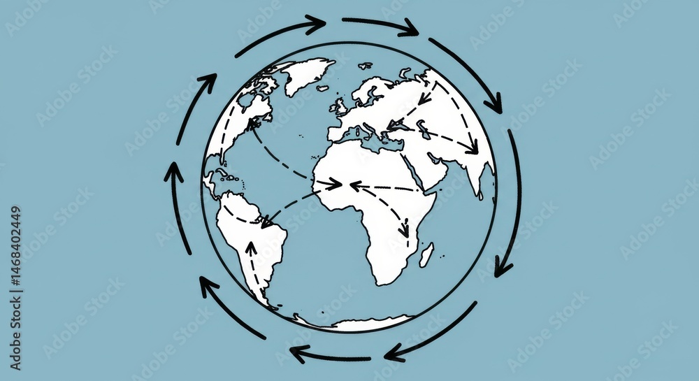 Poster global connectivity: illustrated world map with circular arrows indicating global circulation
