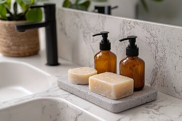 A close-up shot of a white marble bathroom and shampoo bottle and soap. Generative AI
