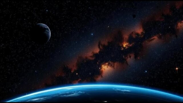 From the blue planet earth in space, the sun's light illuminates both the globe and its moon in the dark cosmos, showcasing a bit of our world and its natural satellite