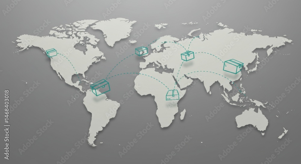 Poster global distribution network concept on a world map depicting supply chain routes