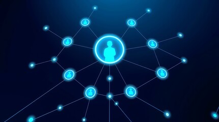 Blue network connecting profile icons with a central figure on a dark blue gradient background design