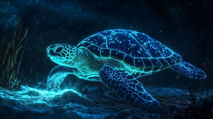 Fototapeta premium Glowing sea turtle in deep ocean