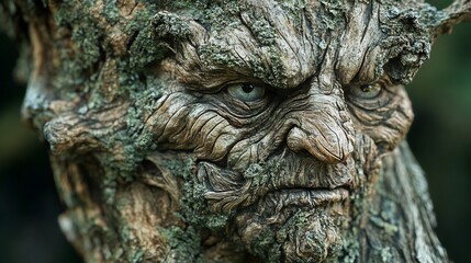 Ancient Tree Being: A Close-Up of a Weathered, Intense Portrait