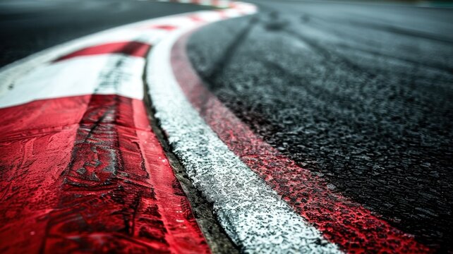 Close-up view of the apex of an empty Formula 1 track, showcasing vibrant red curbs and textured asphalt, emphasizing the sleek and dynamic design.