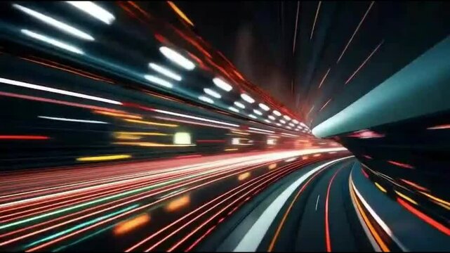 Night traffic in the city shows streaks of light and motion blur on the highway
