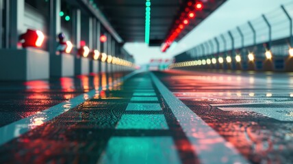 An empty pit lane exit, glistening with rain, features colorful lights reflecting off the wet surface, capturing a modern motorsport environment and atmosphere.