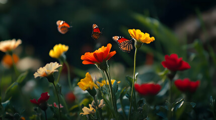Obraz premium Colorful Butterflies Among Vivid Flowers In Garden