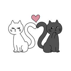 2匹の猫　しっぽハート（白・ 黒）