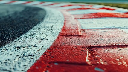 This close-up image captures the vibrant colors of an empty Formula 1 track, showcasing the dramatic red and white curvature of the pavement against a natural backdrop.