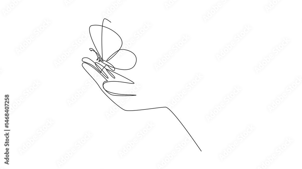 Poster self drawing animation of single one line drawing butterflies flying on two open palms. like holding