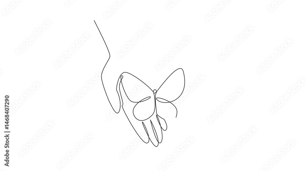 Poster animated self drawing of single one line drawing butterflies perched on two open, stacked palms. pro