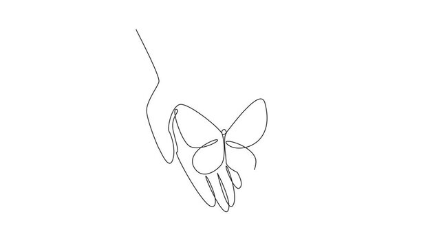Animated self drawing of single one line drawing butterflies perched on two open, stacked palms. Protect. Accept as without distinction. Peaceful world. Zero Discrimination Day. Full length animation