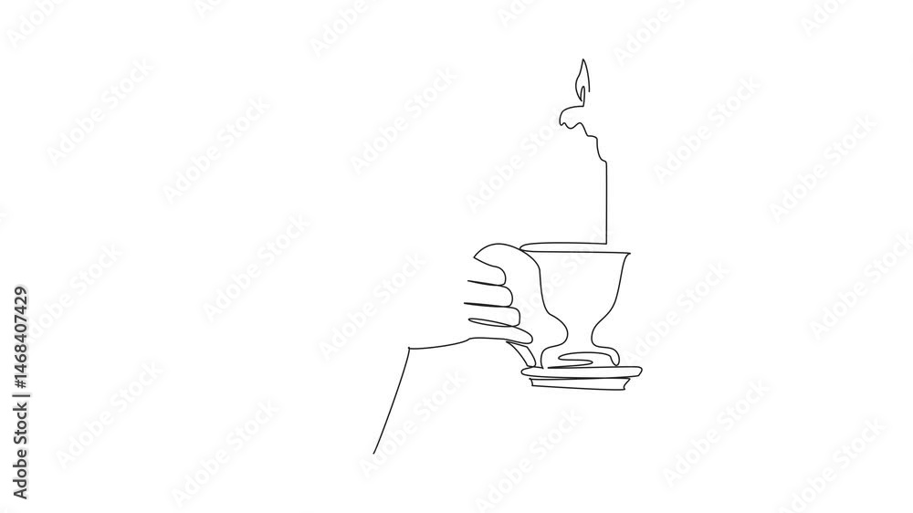 Poster animated self drawing of single one line drawing hand holding candlestick with a lit candle. share l