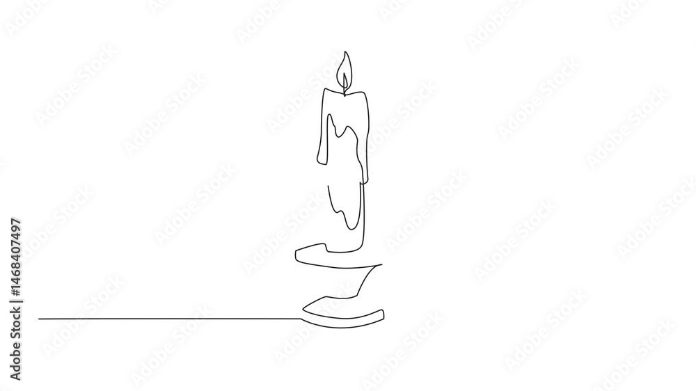 Poster self drawing animation of single continuous line drawing a lit candle in a candlestick. the melting 