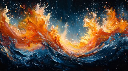 Fototapeta premium Abstract fiery orange waves crashing over dark blue water, paint texture.