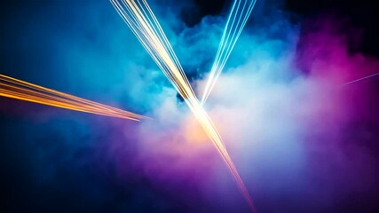 Abstract neon light trails through smoky atmosphere