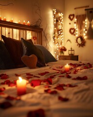 Romantic Bedroom with Candles and Rose Petals