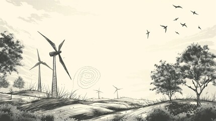 Wind Turbines on a Hilly Landscape Drawing