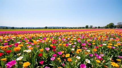 Obraz premium Vibrant Spring Flower Field with Bright Colors Spanning an Endless Horizon Under Clear Blue Sky