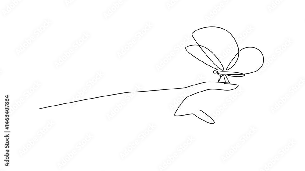 Poster animation of continuous one line drawing butterfly perched on the index finger. hands of tenderness 