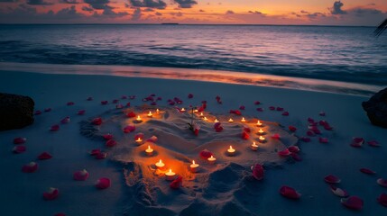 Romantic Sunset Beach Scene with Candles and Rose Petals