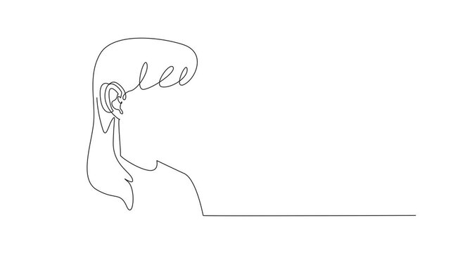Self drawing animation of continuous one line drawing woman using hearing aid. Bad luck. Can't hear clearly. Having to use hearing aids since young. Technology. World Hearing Day. Full length animated