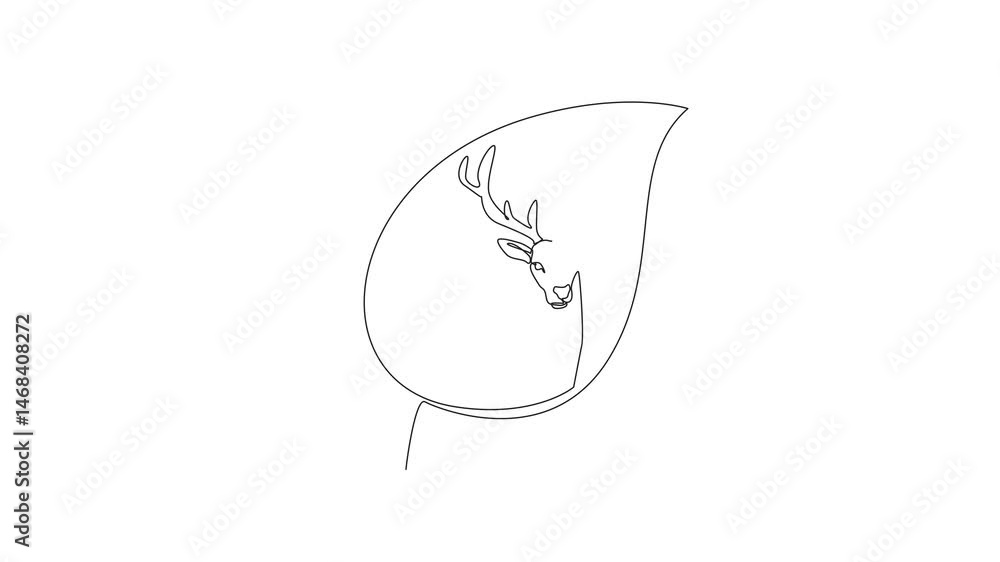 Poster self drawing animation of continuous one line drawing deer head in the middle of the leaf. don't let