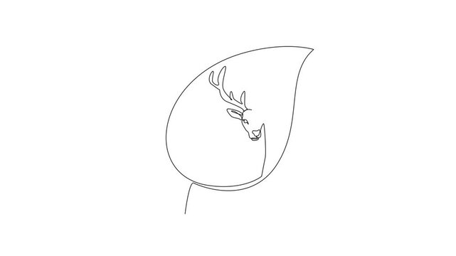 Self drawing animation of continuous one line drawing deer head in the middle of the leaf. Don't let it become extinct. Make nature a natural home. Habitats. World Wildlife Day. Full length animated