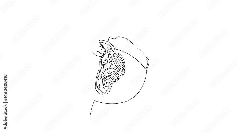 Poster animation of continuous one line drawing of zebra head in the middle of the leaf. nature. biodiversi