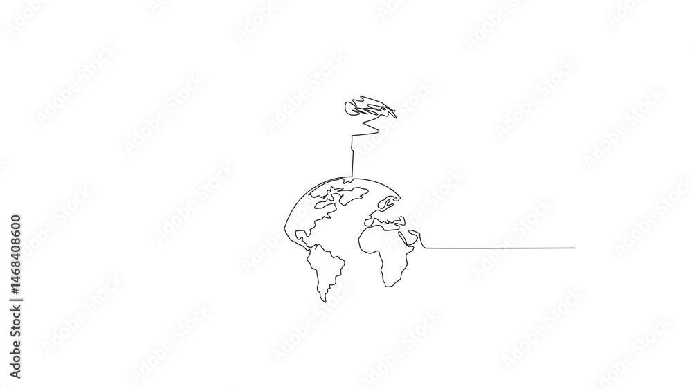 Poster self drawing animation of single continuous line drawing globe with flamingo on top. avoid lake poll