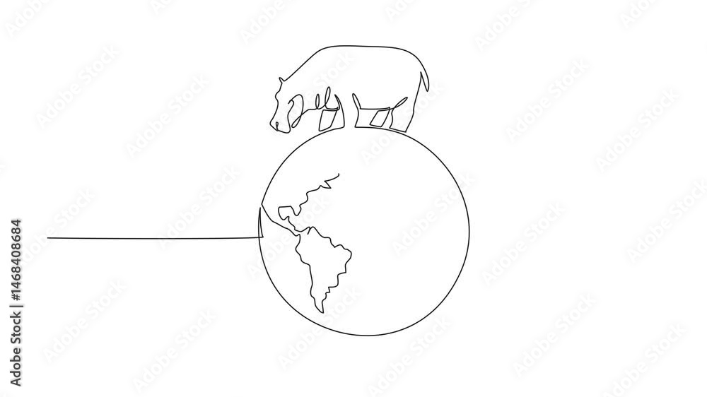 Poster animated self drawing of single continuous line drawing globe with a hippopotamus on top. the interc