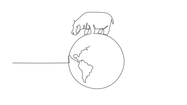 Animated self drawing of single continuous line drawing globe with a hippopotamus on top. The interconnectedness of animals and earth. Maintain of nature. World Wildlife Day. Full length animation