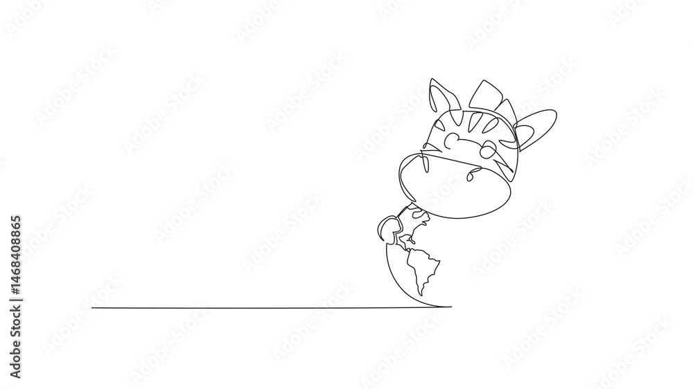 Aufkleber animation of single continuous line drawing cute zebra hugging globe. the vast and green grassland i