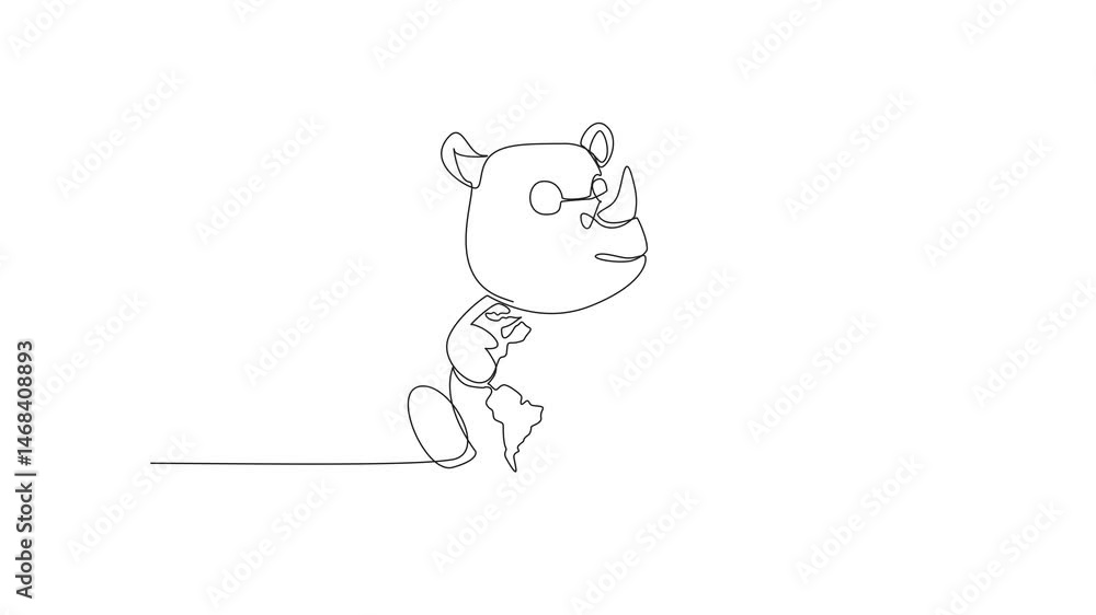 Poster self drawing animation of single one line drawing cute rhinoceros hugging globe. stop illegal loggin