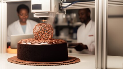 3D Printed Chocolate Cake in Food Tech Lab and two food scientists. Concepts of 3D food prining, 3D printed desserts, laboratory workers, 3D Printer, future tech